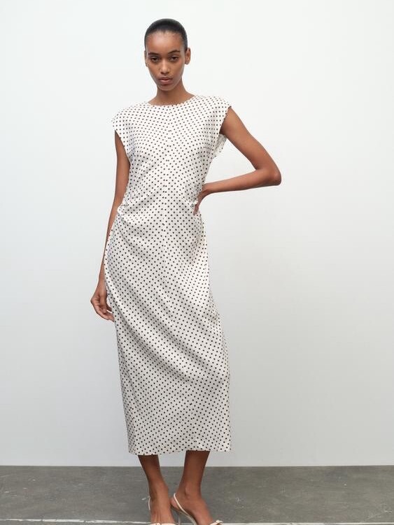 Zara Polka Dot Cap Sleeve Maxi Dress In Ivory And Brown